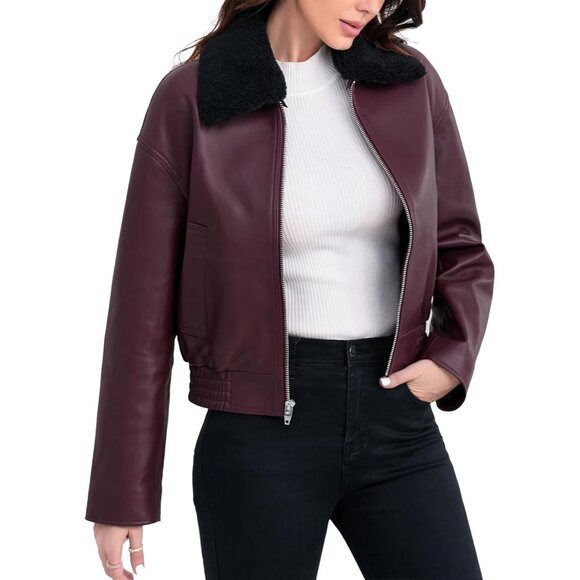 Womens Burgundy Leather Cropped Lambskin Bomber Jacket Zip Front Sherpa Collar - Picture 3 of 6